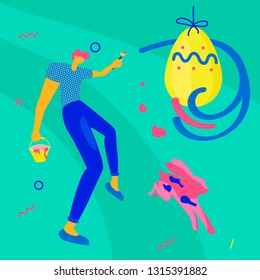 Happy Easter Square greeting banner. Easter event, festival and fair flyer with young man and rabbit on a green background. Flat Art Vector illustration