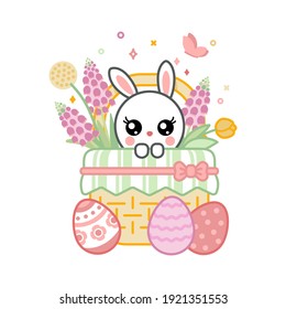 Feliz tarjeta de felicitación de la plaza de Pascua. Conejo en una cesta florida, huevos aislados en un fondo blanco. Ilustración vectorial.