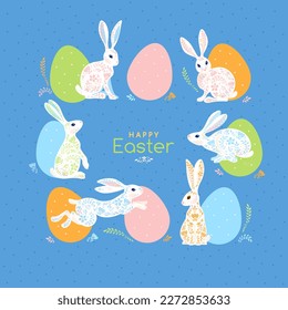 Happy Easter square greeting card, banner, poster with colorful eggs and white jumping rabbits. Creative flower pattern in pastel colors. Modern minimal folk style. Trendy design with bunnies.