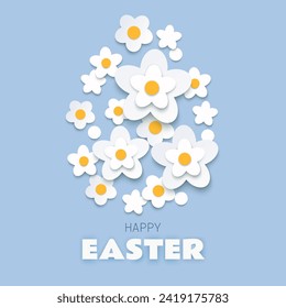 Happy Easter square greeting card paper cut design with spring white blossoms arranged in an egg shape on blue background. Vector illustration.