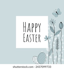 Happy Easter. Square greeting card with Easter eggs, flowers and butterfly on a light blue frame.