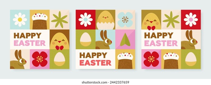 Glückliche Osterquadrat-Grußkarte, Postkarte oder Web-Banner mit Ostereiern und Bauhaus-Formen. Osterhintergrund mit minimalistischen geometrischen Brutalismus-Elementen. Vektorgrafik