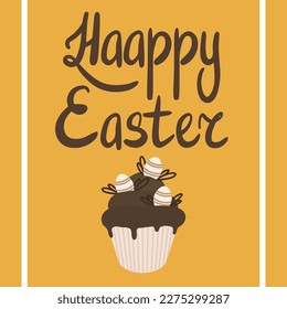 Happy Easter square postcard. Easter card with chocolate cupcake. Vector Easter holiday card.