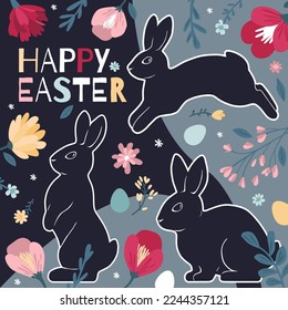 Happy Easter square poster. Colorful bright modern illustration with rabbits, eggs, flowers, and text.