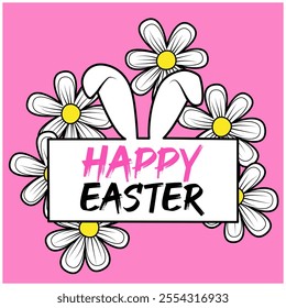 Happy Easter: square  poster for greeting card or invitation. Flat vector illustration with rabbit ears and flowers.