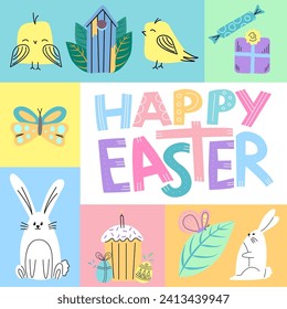 Happy easter square poster. Modern concept of collage with illustrations of rabbit, chicken, kulich, and other. Colorful happy vector graphic.