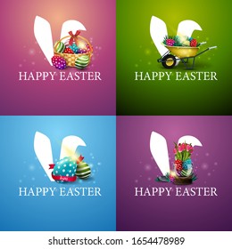 Happy Easter, square purple, pink, green and blue postcards with Easter icons.