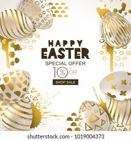 Happy Easter square sale banner. Vector holiday frame. Golden eggs with hand painted decoration, on white gold watercolor splashes background. Design for holiday flyer, poster, party invitation.