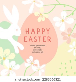 Happy Easter square template. Cute bunny and eggs in pastel colors. Vector background for social media post, mobile app, greeting card, invitation, banner design and web ads, sale poster