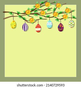Happy Easter. Square template design with decorative Easter eggs hanging on branches with leaves, flowers. Frame for banners, greeting cards, social media. Vector illustration