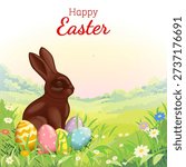 Happy Easter square vector illustration with chocolate bunny and colorful painted eggs in spring garden grass with flowers and copy space for text.