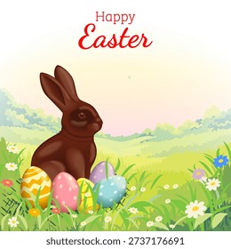 Happy Easter square vector illustration with chocolate bunny and colorful painted eggs in spring garden grass with flowers and copy space for text.