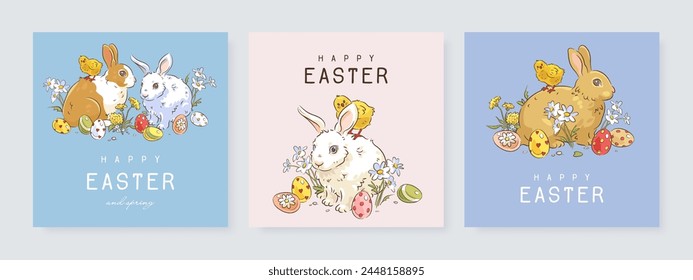 Happy easter square web banner, poster, flyer or greeting card set with hand drawn easter bunny, easter egg, chicken and flowers. Vector illustration