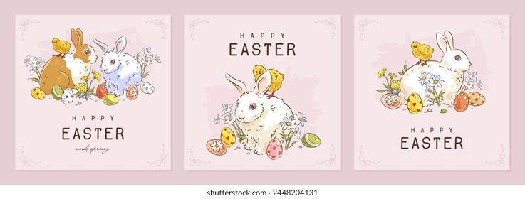 Happy easter square web banner, poster, flyer or greeting card set with hand drawn cartoon easter bunny, easter egg, chicken and flowers on pink background. Vector illustration