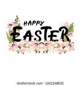 Happy Easter Stamp with word, flowers, chicks, eggs. Gift card for spring Easter holiday. Frame of blossom for invitation, poster, social media. Vector logo, flyer, badge.