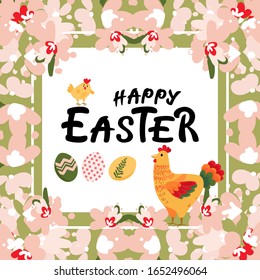Happy Easter Stamp with word, flowers, chicks, eggs. Gift card for spring Easter holiday. Frame of blossom for invitation, poster, social media. Vector logo, flyer, badge.