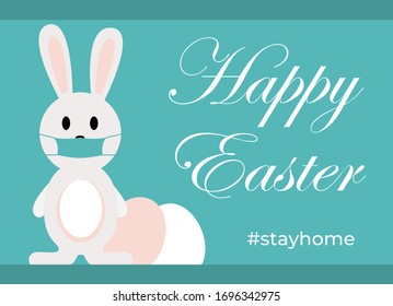 happy easter. stay home. coronavirus bunny with medical mask. covid-19 bunny. CORONAVIRUS EASTER RABBIT. Easter bunny isolated on blue background.