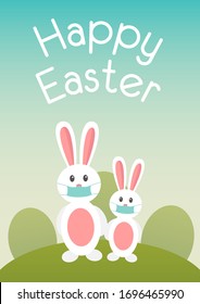 happy easter. stay home. coronavirus bunny with medical mask. covid-19 bunny. CORONAVIRUS EASTER RABBIT. Easter bunny isolated on blue background.