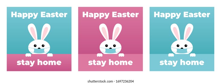happy easter. stay home. coronavirus bunny with medical mask. covid-19 bunny. CORONAVIRUS EASTER RABBIT. Easter bunny isolated on blue background.