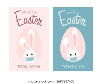 happy easter. stay home. coronavirus bunny with medical mask. covid-19 bunny. CORONAVIRUS EASTER RABBIT. Easter bunny isolated on blue background.