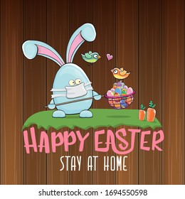 Happy easter stay at home greeting card with funny cartoon blue rabbit with medical face mask holding butterfly net with colorfull easter eggs. Easter egg hunt hand drawn concept illustration banner.