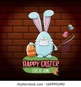 Happy easter stay at home greeting card with funny cartoon blue rabbit with medical face mask holding butterfly net. Easter egg hunt hand drawn concept illustration banner.