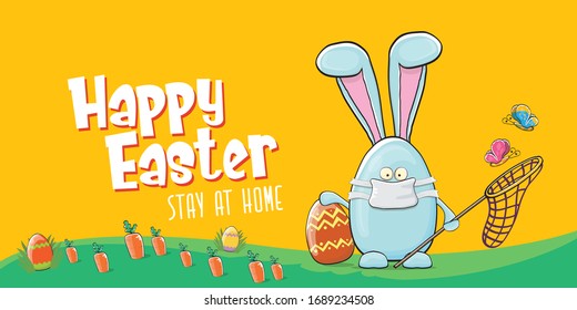 Happy easter stay at home horizontal banner with funny cartoon blue rabbit with medical face mask holding butterfly net. Easter egg hunt hand drawn concept illustration greeting card.