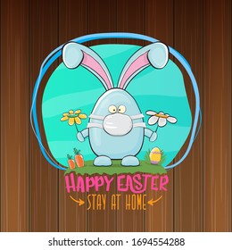 Happy easter stay at home horizontal banner with funny cartoon blue rabbit with medical face mask holding flowers. Easter egg hunt hand drawn concept illustration banner.