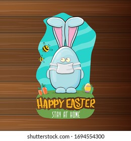 Happy easter stay at home horizontal banner with funny cartoon blue easter bunny with medical Antivirus breathing protective mask. Easter egg hunt hand drawn concept illustration banner.