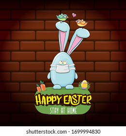 Happy easter stay at home horizontal banner with funny cartoon blue rabbit with medical face mask. Easter egg hunt hand drawn concept illustration banner.