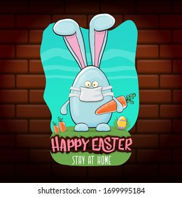 Happy easter stay at home horizontal banner with funny cartoon blue rabbit with medical face mask holding orange carrots. Easter egg hunt hand drawn concept illustration banner.
