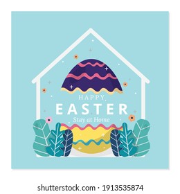 Happy easter stay at home. Motivation quote to stay safe. Vector illustration. Hand drawn. Healthy during covid-19