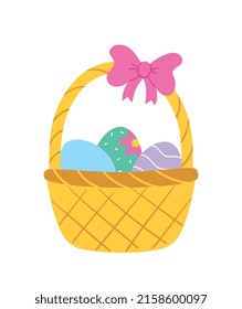 Happy Easter Sticker. Bright cute icon with wicker basket, bow and painted festive eggs. Symbol of traditional Christian holiday. Cartoon flat vector illustration isolated on white background