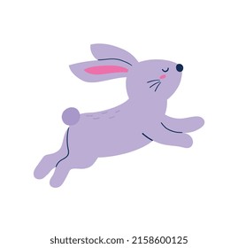 Happy Easter Sticker. Bright icon with purple rabbit jumping up. Furry wild animal or bunny. Design for traditional Christian holiday. Cartoon flat vector illustration isolated on white background