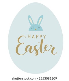 Feliz Plantilla de diseño de tarjeta o pegatina de Pascua. Festiva fondo blanco con orejas de conejito de Pascua y cara aislados en forma de huevo azul. Feliz Pascua. Vector ilustración de stock.