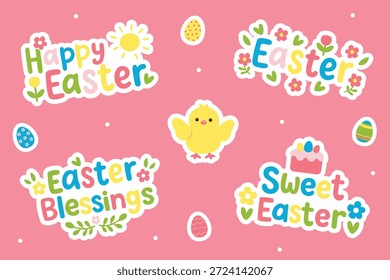 Clipart feliz de la etiqueta engomada de la pascua fijado con los huevos del pollito Pegatinas felices lindas de la pascua con el pollito y el sistema de la etiqueta engomada de la pascua de las letras con las frases felices de la pascua