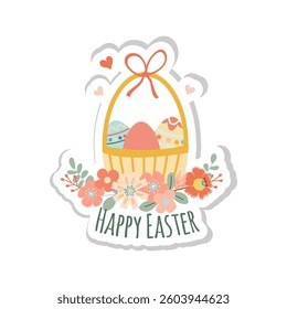 Happy easter sticker. Cute basket with easter eggs and flowers on white background. Can be add text. Design for banner, poster, postcard. EPS10.