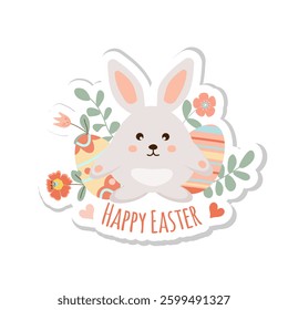 Happy easter sticker. Cute little rabbit with easter eggs on white background. Can be add text. Design for banner, poster, postcard. EPS10.