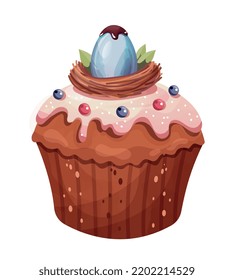 Happy Easter. Sticker with delicious chocolate cupcake with icing decorated with candy eggs and nest. Design element for greeting card for christian holiday. Cartoon realistic vector illustration