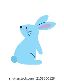 Happy Easter Sticker. Icon with cute blue rabbit or hare looking back. Wild animal or bunny symbol. Design for Easter pattern or postcard. Cartoon flat vector illustration isolated on white background