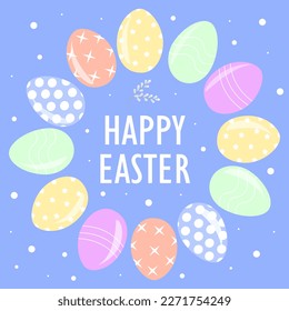 Happy Easter sticker, label with colorful eggs in a circle and willow twigs. Vector design elements of Easter icon and label. Typographic messages with happy Easter day. Easter inscriptions
