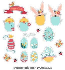Happy easter sticker set. Easter eggs with rabbit and chicken with flowers  on a white background. Red ribbon. Spring holiday. Vector illustration 