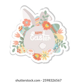 Happy easter sticker. Spring flowers with the easter eggs and rabbit rear view on white background. Can be add text. 
