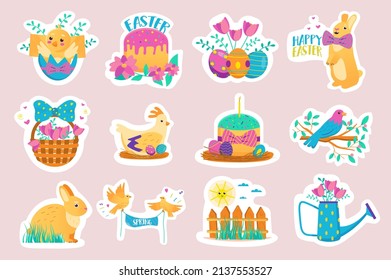 Happy Easter stickers set. Bundle of chicken, bunny, holiday egg, basket, cake, bird on branch, watering can, fence and other badge. Vector illustration with isolated printed material in flat design