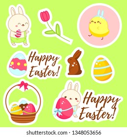 Happy Easter stickers. Set of Cute kawaii characters chicken and bunny. Vector art for gifts, greeting cards, scrapbook and other