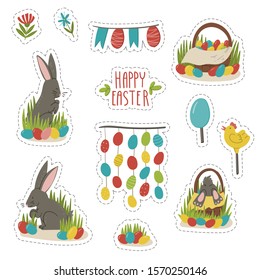 Happy Easter stickers set hand drawn doodle cartoon bunny, eggs and Easter cake, decorations. 