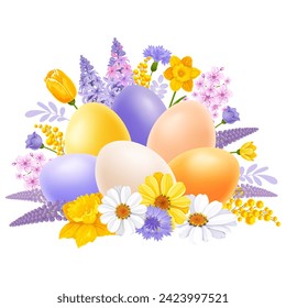Frohe Osterfestleben, Zentrum-Komposition. Farbige 3D-realistische Eier und Cartoon-Frühlingsblumen in hellen Farben, einzeln auf weißem Hintergrund. Vektorgrafik