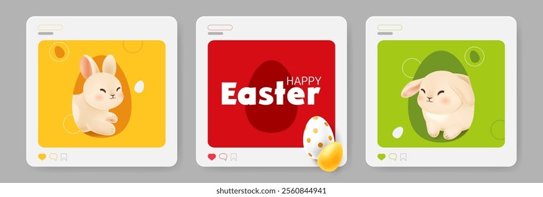 Happy Easter stories template. Imitation of a social media post with likes for spring holiday. Set of greeting cards with bunny and eggs on red, yellow and green background. Vector illustration