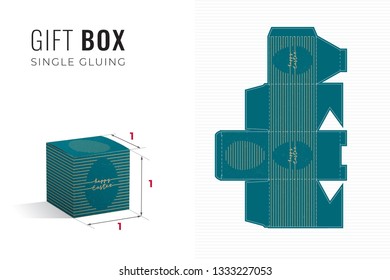 Happy Easter Striped Gift Box Die Cut Cube Template with 3D Preview - Light Blueprint Layout with Cutting and Scoring Lines over Gold Calligraphic Lettering on Turquoise - Vector Packaging Design