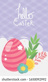 happy easter striped pink egg flowers foliage decoration vector illustration